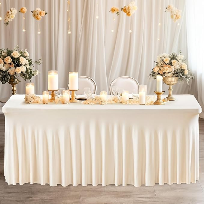 Wish Care 2 Pack Stretch Spandex Table Clothes for 8 Foot Rectangle Tables, 8FT Wrinkle Free Fitted Tablecloths Ruffles Design Table Cover for Party, Banquet, Wedding and Events