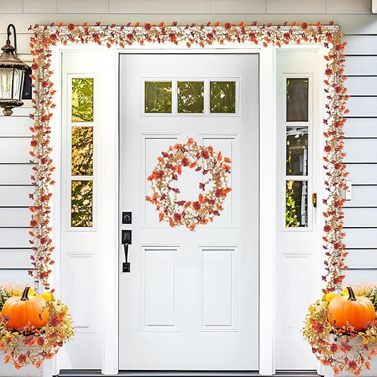 2 Pack Artificial Fall Flowers Garland, 6 FT Fall Decorations UV Resistant Fake Mums Floral Vines Faux Hanging Flower Ivy Garland for Home Party Table Wall Mantel Decor (Orange + Dark Red)