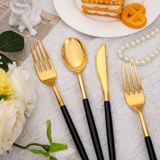 SUT Gold Plastic Silverware (160Pcs) Forks and Spoons Disposable, 80 Gold Plastic Forks, 40 Gold Knives, 40 Gold Spoons, Black and Gold Utensils Set Disposable for Parties, Weddings,New Year,Halloween
