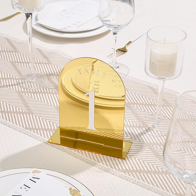 UNIQOOO Gold Mirror Arch Wedding Table Numbers with Stands 1-20, 5x7 Acrylic Display Signs and Holders, Pack of 20, Perfect for Centerpiece, Reception, Decoration, Party, Anniversary, Event