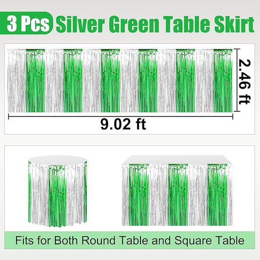 3 Pack 29 x108 Inch Silver Green Foil Fringe Table Skirts Metallic Banner for Tinsel Streamer Garland Backdrop for Parade Floats Wedding Thanksgiving Birthday Christmas New Year Party Decoration