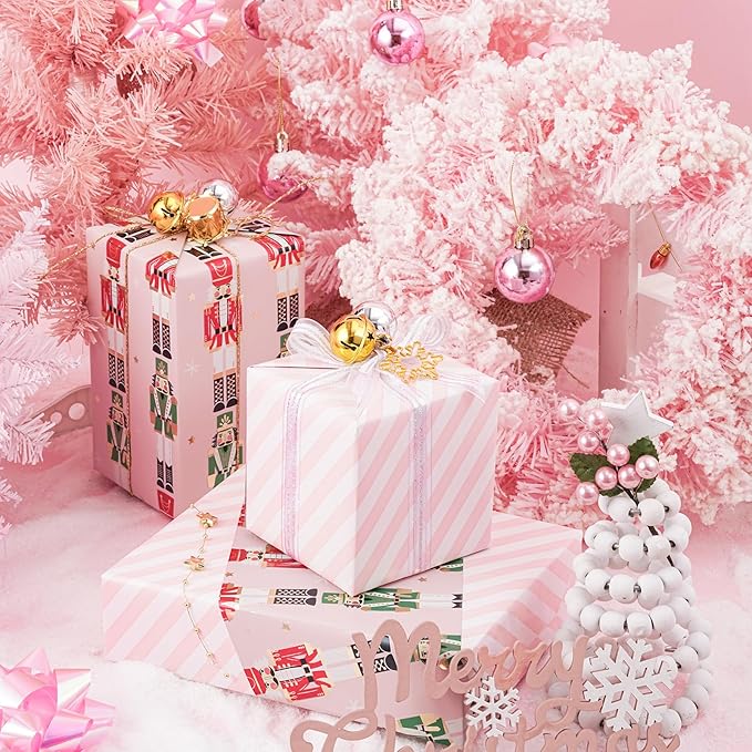 LeZakaa Christmas Pink Wrapping Paper Jumbo Roll for Kids, Pink Metallic Foil Gift Wrap Paper with Red & Green Nutcracker Soldier & Stripe Reversible Design, 30 inches x 32.8 Feet