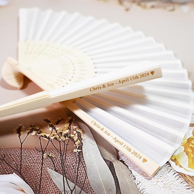 Personalized Folding Hand Fans Engraved Silk Fans, Summer Wedding Fans, Custom Silk-Bamboo Fans Wedding Party Favor Bridal Shower Gifts (30 Pieces), White