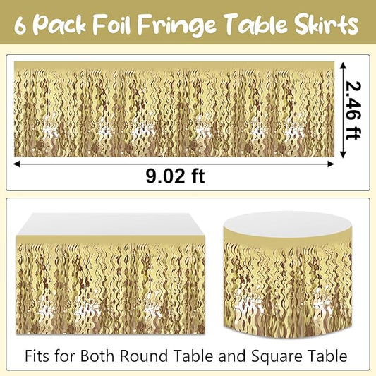 6 Pack 29 x108 Inch Light Gold Wave Foil Fringe Table Skirts Metallic Banner for Tinsel Streamer Garland Backdrop for Parade Floats, Mother's Day, Easter, Wedding, Birthday Party Decoration