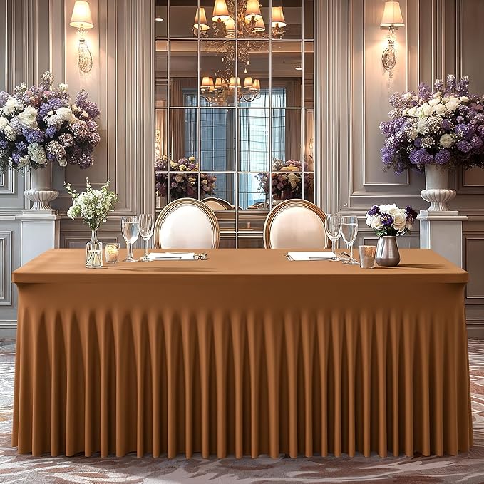 Wish Care 2 Pack Brown Spandex Table Clothes for 4 Foot Rectangle Tables, 4FT Wrinkle Free Fitted Tablecloths Ruffles Design Table Cover for Party, Banquet, Wedding and Events