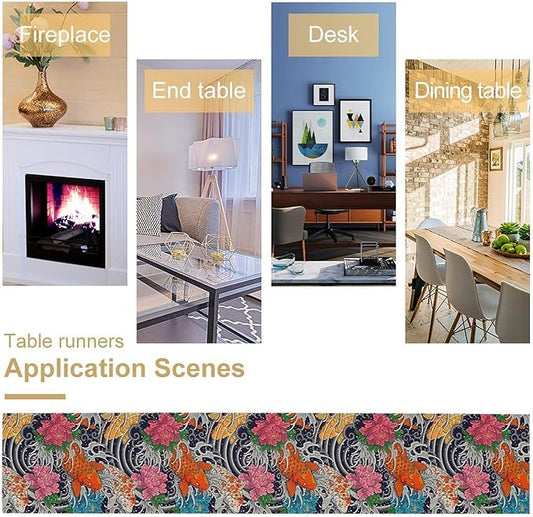 Japanese Retro Flowers Table Runner Oriental Tradition Kio Fish Art Printed Burlap Runner Home Kitchen Dining Table Living Room Decor Fabric 1 Panel W13xL108in