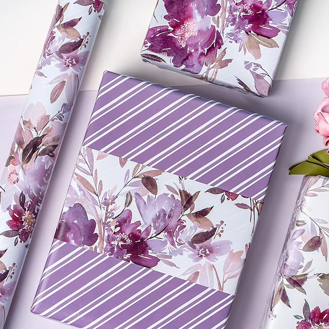 WRAPAHOLIC 30 Inch Jumbo Reversible Floral Wrapping Paper - 30 Inch X 33 Feet - Purple Floral Design for Wedding, Birthday, Mothers Day, Baby Shower, Anniversary, Bridal Shower