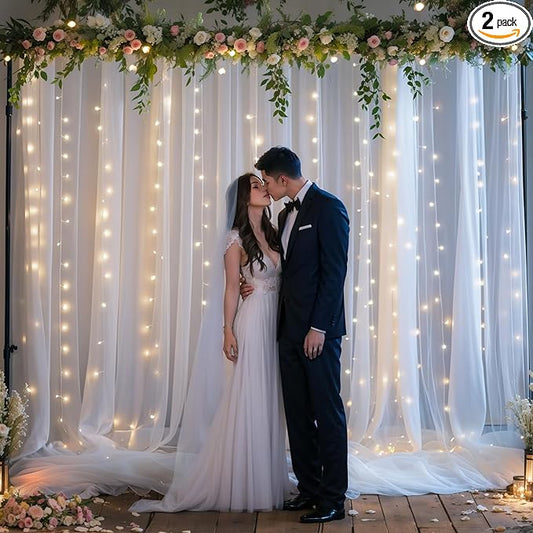 10ft x 8ft White Sheer Tulle Backdrop Curtains with Lights String Wedding Backdrop for Reception Ceremony Birthday Party Baby Shower Photo Booth Background Decoration