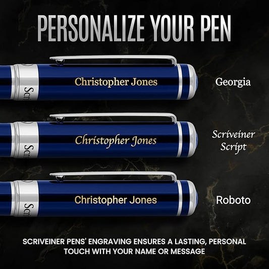 Scriveiner Personalized Midnight Blue Pen - Stunning Blue Lacquer Luxury Pen, Chrome Finish, German Schmidt Nib (Medium), Best Engraved Fountain Pen Gift Set for Men & Women, Name Engraving