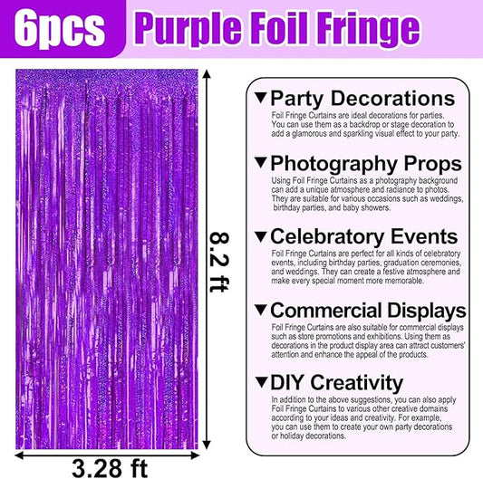 6 Pack Purple Foil Fringe Curtain Backdrop, 3.28Ft x 8.2Ft Metallic Tinsel Foil Fringe Streamer Curtains for Photo Booth, Birthday, Wedding, New Year Party Decorations