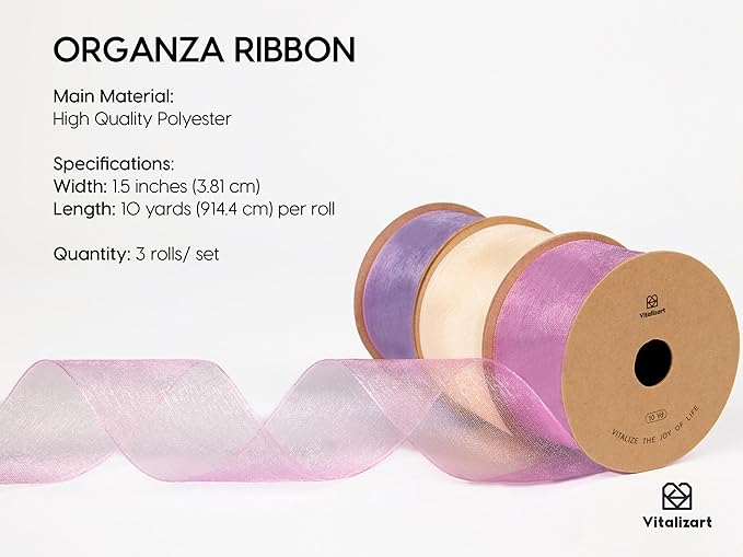 Vitalizart Organza Ribbon 1.5" x 30 Yd Lavender Purple & Cream White Sheer Ribbons for Gift Wrapping Crafts Christmas Wreaths Bows Party Decor Wedding Bouquet