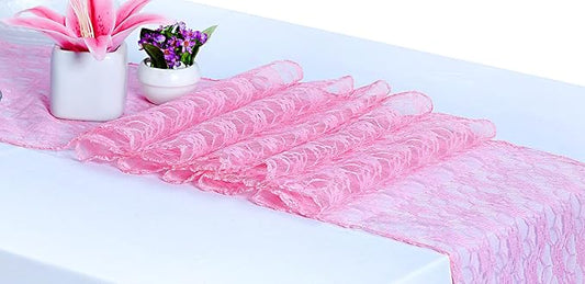 MDS Pack of 15 Wedding 12 x 108 inches Lace Table Runner for Wedding, Decorations for Birthday Parties, Banquets, Graduations, Engagements, and Runners fit Rectangle, Round Table- Pink