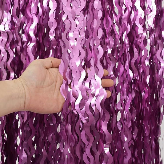 Purple Foil Curtains - 4 Pack 3.3 ft x 6.6 ft Wavy Fringe Curtain Backdrop for Party Photo Booth Props Decoration Mermaid Euphoria Themed | Purple Streamers for Mardi Gras Decorations
