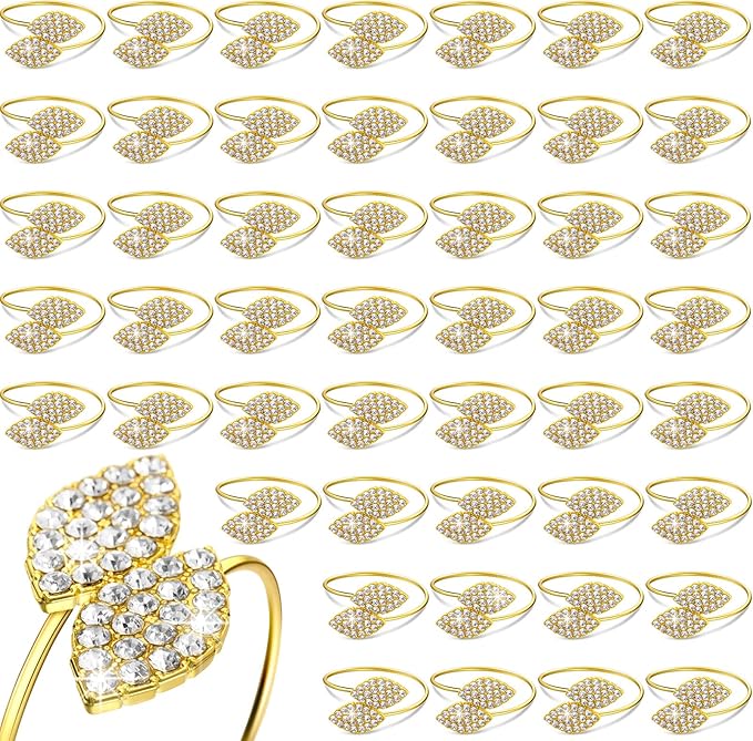 Hotop 500 Pcs Napkin Rings Gold Table Decorations, Elegant Bling Leaves Napkin Rings, Rhinestone Guest Towels Buckle for Wedding Gold Party, Thanksgiving Christmas Dinner Banquet Table Decoration