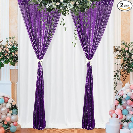 ShinyBeauty Premium Sequin Backdrop Curtain - 4x10ft Purple Wedding Drapes, Glitter Party Decor, Photography Background, Reversible Sparkle Fabric for Events & Home Decor (4FTx10FTx2PC)