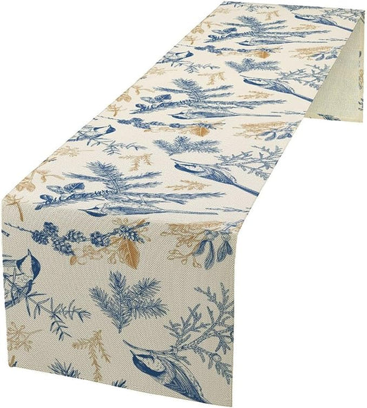 Floral Table Runner,Sketch Birds and Flowers Summer Table Runner Kitchen Dining Table Decoration for Home Party Decor 13x60 Inch