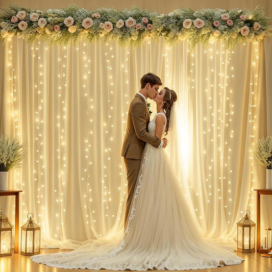 gogoparti 20x10ft Champagne Tulle Backdrop Curtains with Lights for Party Wedding Baby Shower, Sheer Wrinkle Free Backdrop Curtains for Birthday Party Photo Booth Background Decoration
