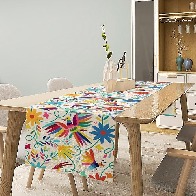 Mexican Table Runner,Boho Colorful Nature Inspired Flowers and Birds Table Cloth Kitchen Dining Table Home Party Decoration 13x36 Inch