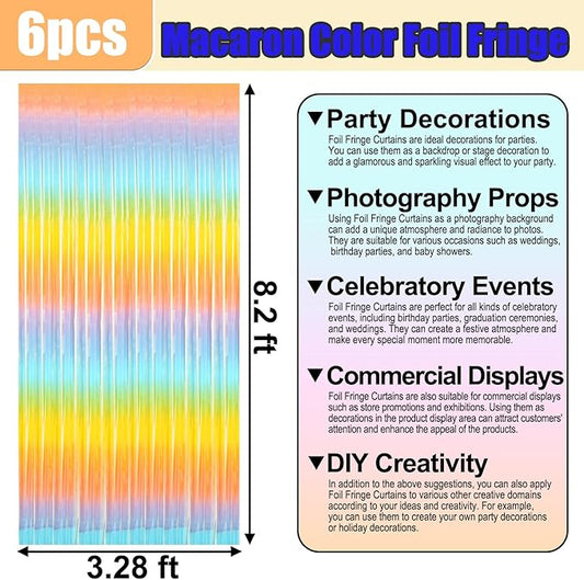 6 Pack Rainbow Foil Fringe Curtain Backdrop, 3.28Ft x 8.2Ft Metallic Tinsel Foil Fringe Streamer Curtains for Photo Booth, Birthday, Wedding, New Year Party Decorations