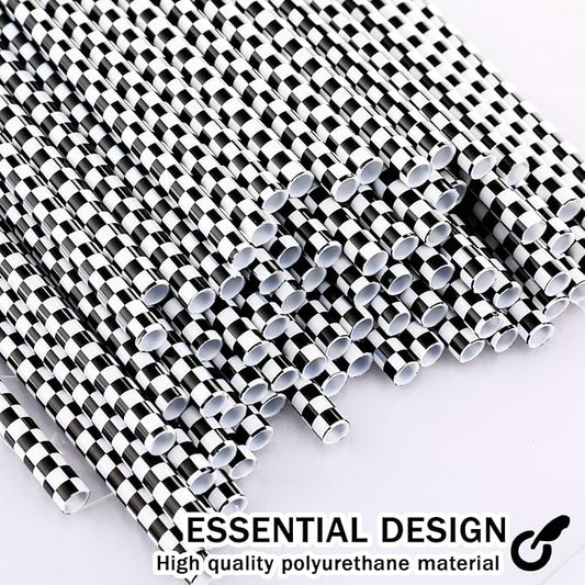 Domensi 50 Pcs Black and White Checkered Racing Straws Plastic Disposable Drinking Straws Hard Plastic Reusable Striped Flag Party Supplies for Race Car Sports Themed Birthday Decoration