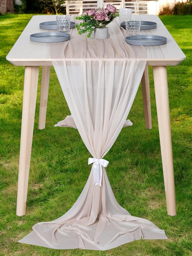 MDS 20 Pack 10ft Chiffon Table Runner 29 x 120 Inches Sheer Wedding Runner Romantic Rustic Table Runner for Wedding Decorations, Birthday Parties, Bridal Shower Party Arch Decor - Nude