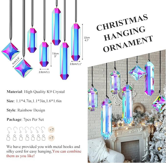 Crystal Prisms Ornament for Christmas Tree, 7 Pack Icicle Ornaments A/B Color Ornaments, Crystal Prism Suncatcher for Window Hanging for Women