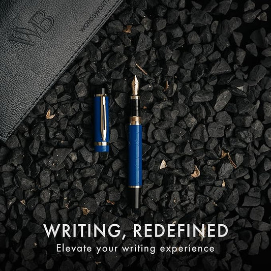 Wordsworth & Black Primori Fountain Pen Set - Blue Gold, Medium Nib, Gift Case, 24 Ink Cartridges, Refill Converter, Manual, Smooth Writing, Left & Right Handed