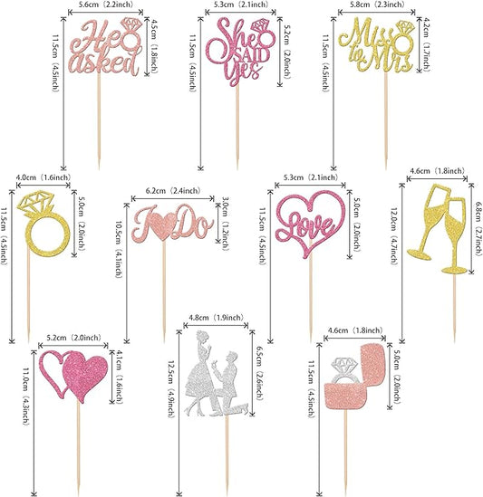 30 PCS He Asked She Said Yes Cupcake Toppers Glitter Miss to Mrs I Do Love Heart Ring Cupcake Picks Wedding Engagement Cake Decorations for Wedding Engagement Bridal Shower Party Supplies Colorful