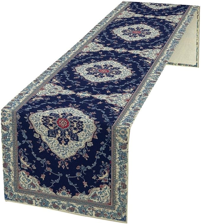 Elegant Palace Boho Blue Table Runner Vintage French Style Farmhouse Geometric Home Farmhouse Kitchen Table Dining Coffee Room Garden Party Wedding Decor 13x108in