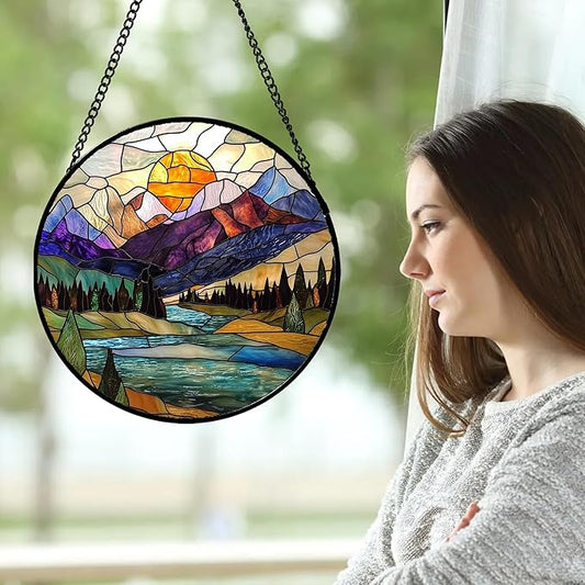 Stained Glass Window Hanging, Blue Lake Golden Sun Abstract Mountains Landscape Suncatcher for Doors Window Home Sun Catchers Decor Mother's Day Birthday Gifts for Women Men Mom 6.3 in