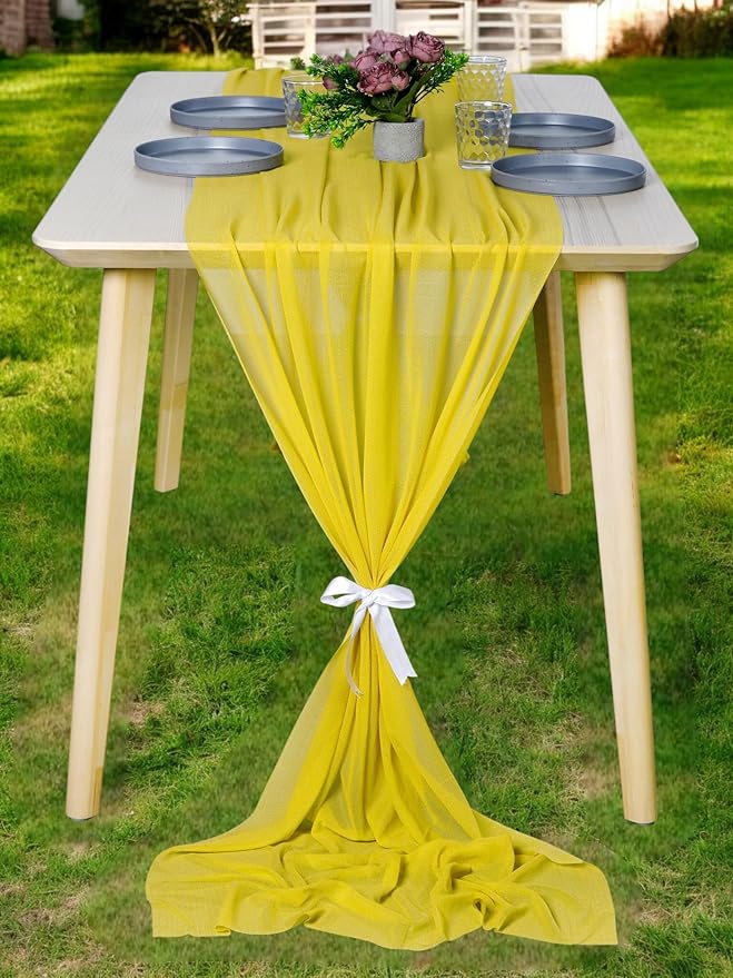 MDS Halloween Chiffon Table Runner - 10 Pack, 29 x 170 Inches, 14ft Each - Sheer Spooky Table Runners for Haunted House Parties, Trick-or-Treat Tables, Witchy Décor, Wedding & Events - Yellow