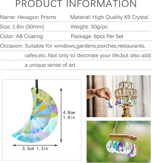 6pcs Colorful Crystal Faceted Half Moon Prisms Chandelier Lamp Lighting Drops Pendants Prisms Hanging Crystals Suncatcher for Window Garden Home Decoration
