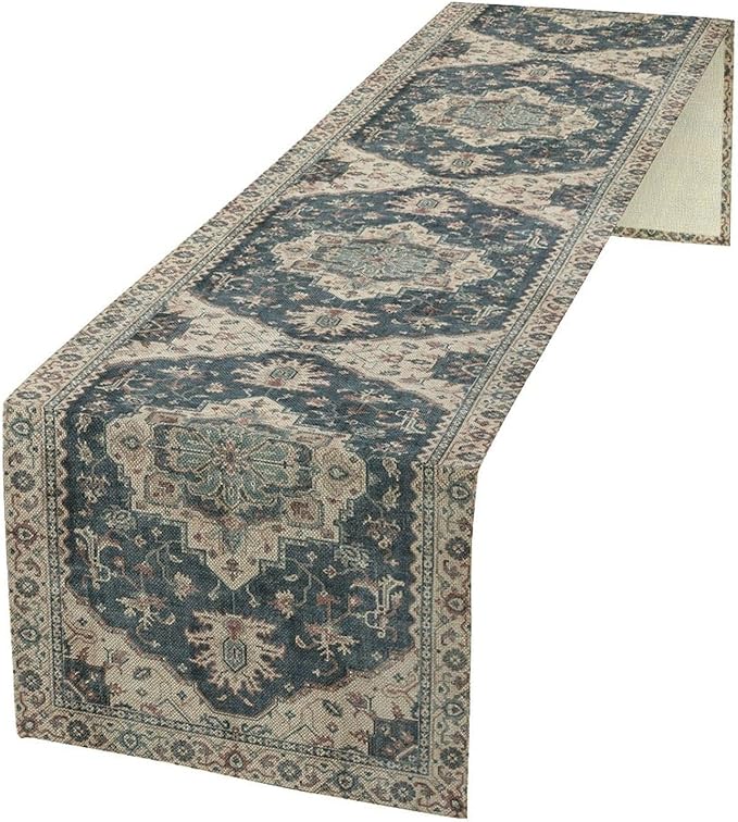 Boho Bohemia Style Table Runner, Vintage Blue Retro Flower Rustic Country Style Floral Print Pattern for Home Kitchen Table Decor Dining Coffee Room Garden Party Decor 13x72in