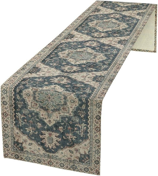 Boho Bohemia Style Table Runner, Vintage Blue Retro Flower Rustic Country Style Floral Print Pattern for Home Kitchen Table Decor Dining Coffee Room Garden Party Decor 13x60in