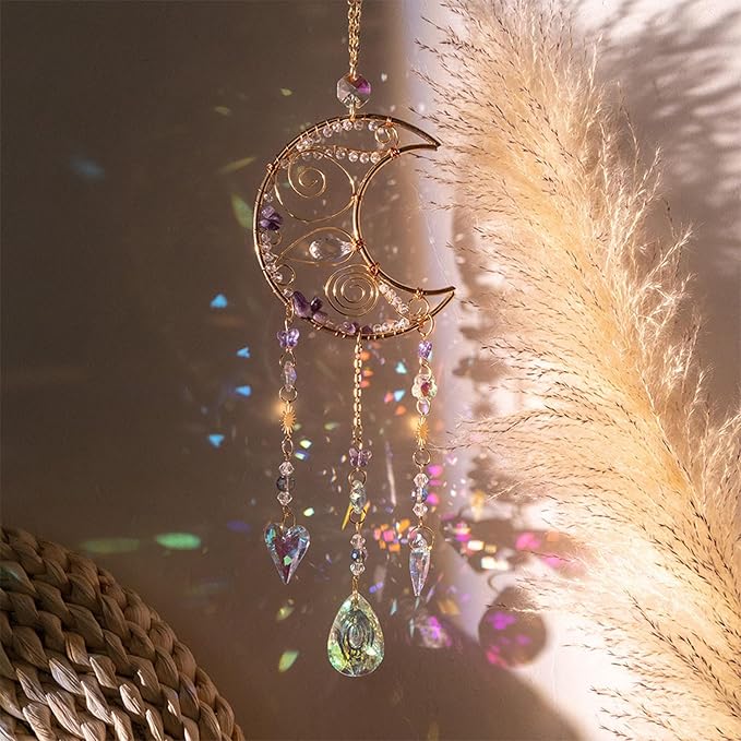 TUOKING Crystal Moon Suncatchers for Window Hanging Natural Healing Stones Wind Chimes Sun Catcher Rainbow Maker Good Luck Gifts Decor for Home Garden