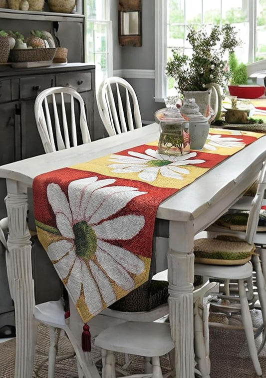 Tache Floral Colorful Yellow Red White Decorative Spring Daisy Flower Loves Me Not Woven Tapestry Long Kitchen Dining Table Runner 13x90