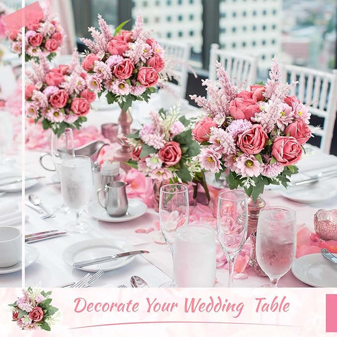 Zeyune 8 Pcs Wedding Silk Flowers Fake Silk Flowers Faux Bouquet Hydrangea Bouquets for Wedding Birthday Party Table Centerpieces Home Decoration (Bean Paste Pink,Rose)