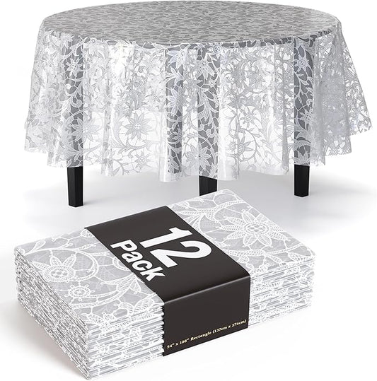 Exquisite Lace Table Cloth Round Table Plastic 12-Pack Lace Tablecloth Round 84" | White Floral Tablecloth Disposable | Wild Flower Party Decorations & Party Supplies