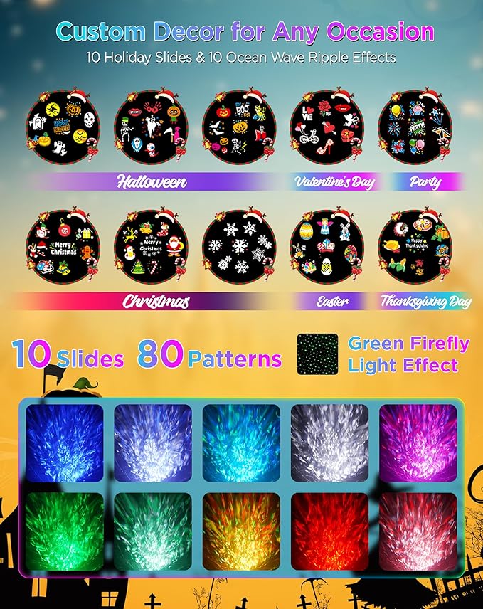 Halloween Christmas Projector Lights Outdoor, 8 Brighter HD Holiday Patterns with Firefly & Ocean Wave Effects, 10 Slides, Waterproof Snowflake Projector with Timer for House Garden Yard Xmas New Year