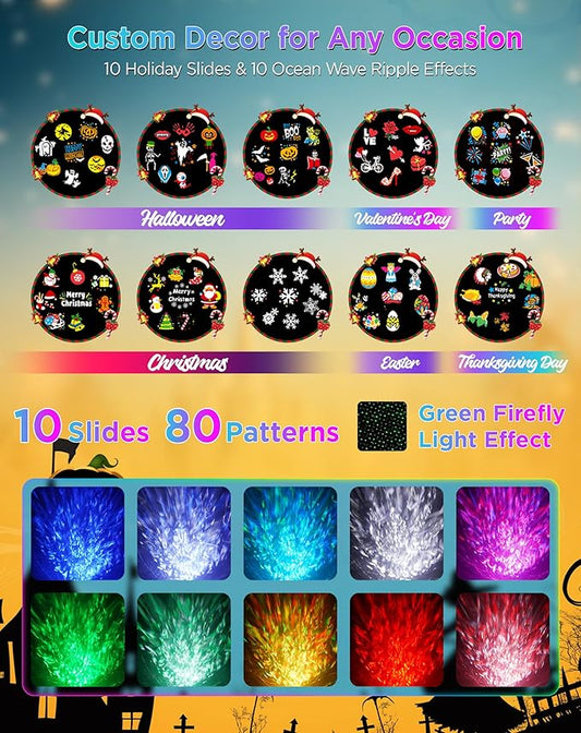Halloween Christmas Projector Lights Outdoor, 8 Brighter HD Holiday Patterns with Firefly & Ocean Wave Effects, 10 Slides, Waterproof Snowflake Projector with Timer for House Garden Yard Xmas New Year