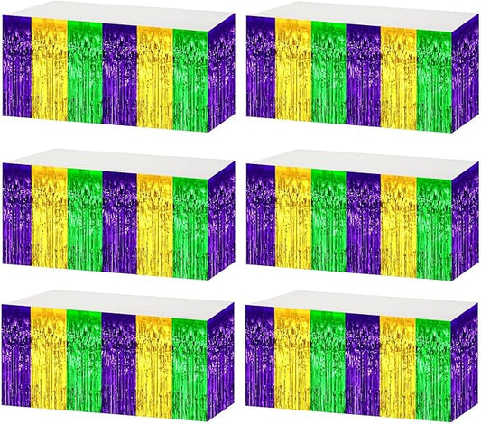 6 Pack 29x108 Inch Mardi Gras Metallic Foil Fringe Tinsel Table Skirts for Rectangle Tables Streamer Backdrop for Wedding, Birthday, Parade Floats, Carnival Party Decoration Gold Green Purple