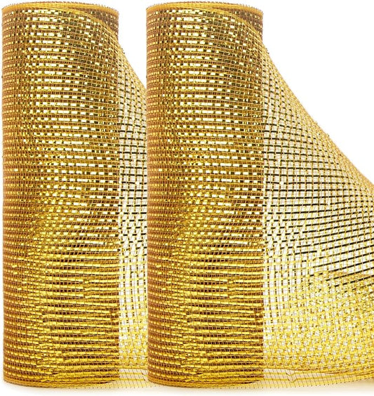 Ribbli 2 Rolls Gold Metallic Mesh Ribbon Gold Deluxe Foil Christmas Ribbon for Christmas Tree Wreath Swags Wedding Garland 10 inch x 30 feet(10Yard) Per Roll