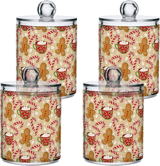 Gredecor Qtip Holder Dispenser 2 Pack Cute Gingerbread Men Snowflakes Candy Bathroom Decorative Storage Canister Holder Counter Vanity Organizer for Cotton Ball Swabs Pads Floss