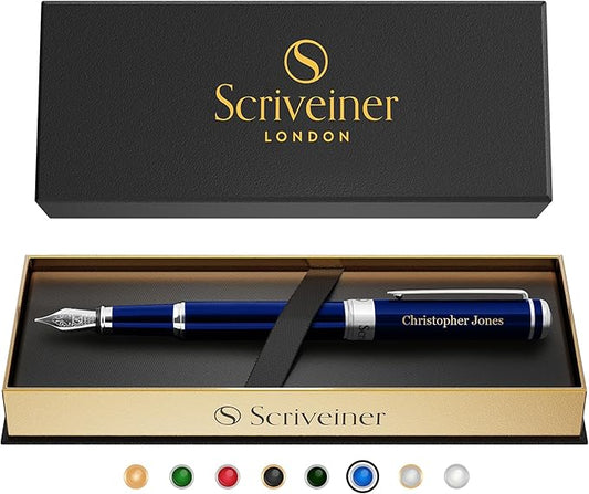Scriveiner Personalized Midnight Blue Pen - Stunning Blue Lacquer Luxury Pen, Chrome Finish, German Schmidt Nib (Medium), Best Engraved Fountain Pen Gift Set for Men & Women, Name Engraving