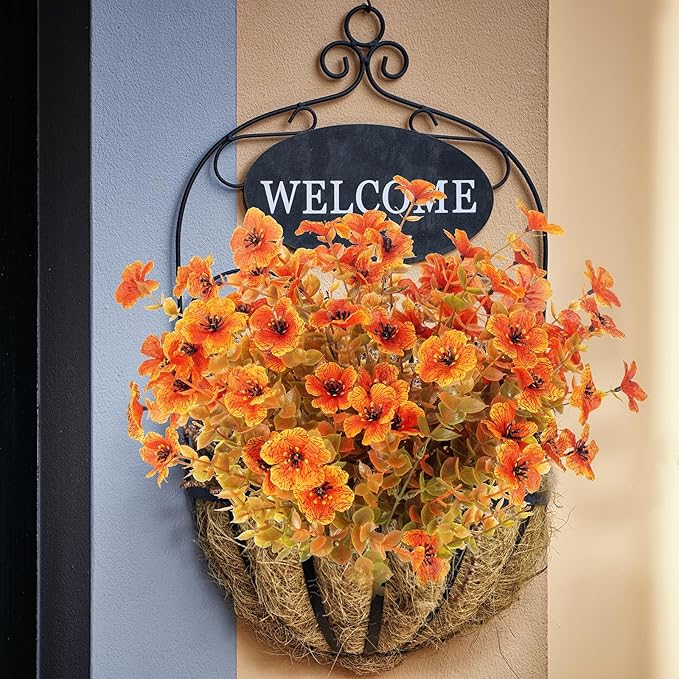 12 Bundles Artificial Fall Flowers Fake Plastic Plants Indoor Outside Hanging Planter No Fade Faux Autumn Plants Thanksgiving Home Garden Fireplace Décor (Fall with Flowers)