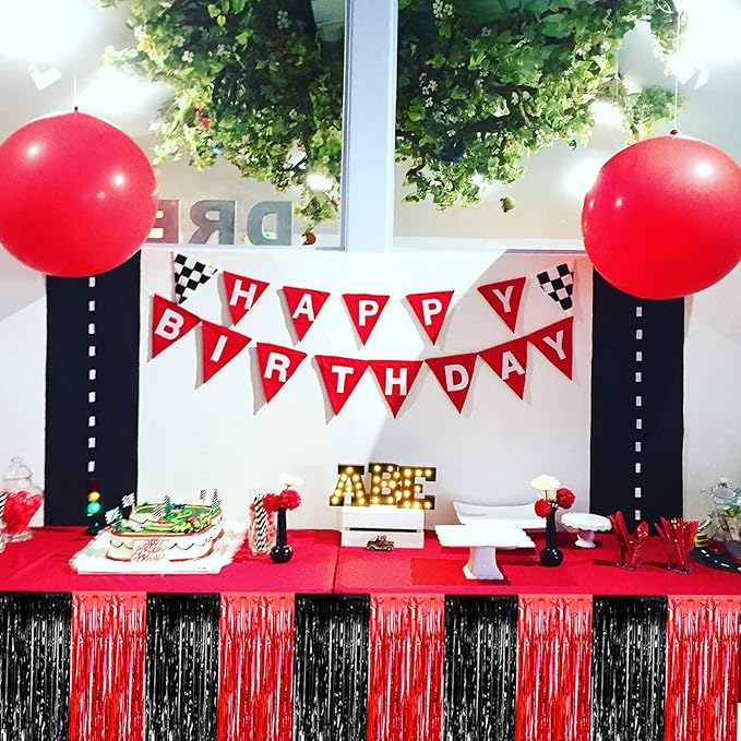 4 Pack 29x108 Inch Metallic Foil Fringe Tinsel Table Skirts for Rectangle Tables Streamer Backdrop for Wedding, Birthday, Parade Floats, Christmas, Halloween Party Decoration(Black Red)