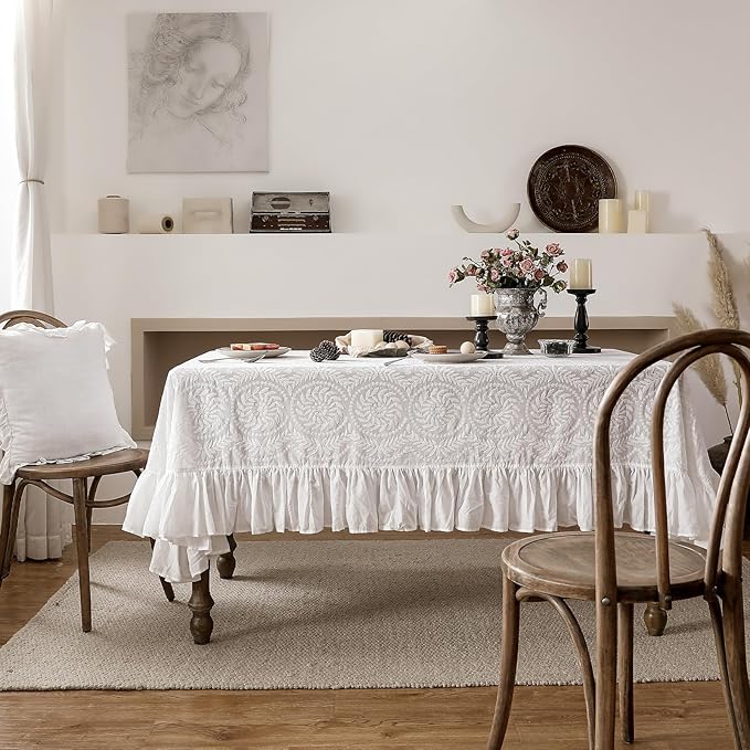 patdrea Vintage Ruffle Tablecloth for Rectangle Tables,Farmhouse Embroidered Cotton White Lace Table Cloth Cover Decor for Dining Room Wedding Banquet Thanksgiving Christmas,63"*106"