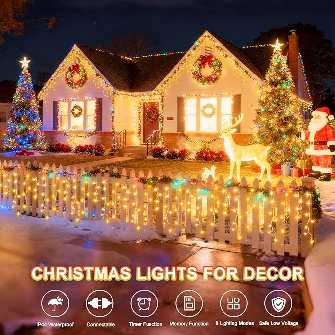 KNONEW Christmas Lights Outdoor Decorations 400 LED 33ft 8 Modes Curtain Fairy String Light with 75 Drops, Clear Wire LED String Light Indoor Decor for Wedding Party Christmas Decorations Warm White