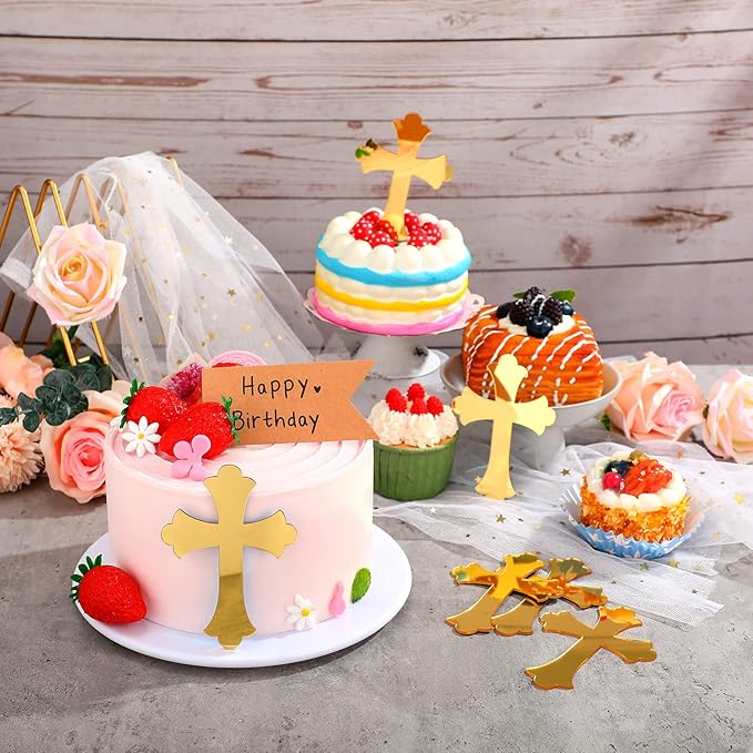Blulu 16 Pieces Baptism Cake Toppers Crossing Cupcake Toppers Gold Mirror Acrylic Cake Picks Baptism Decor Christian Decorations(Vivid Style)