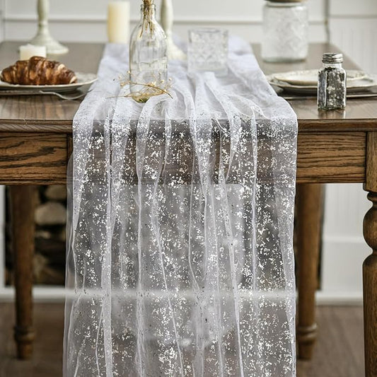 Artoid Mode White Silver Gauze Table Runner 120 Inch 10FT, Glitter Metallic Foil Sheer Dining Holiday Wedding Anniversary Birthday Table Decor for Home Party